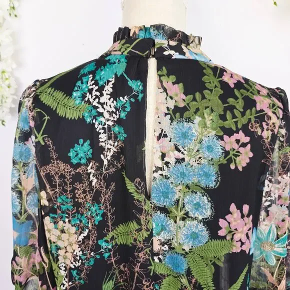 Melonie T Dress Sz 12 Black Floral Chiffon Ruffle Neck Cottage Whimsigoth Fairy - Picture 6 of 14